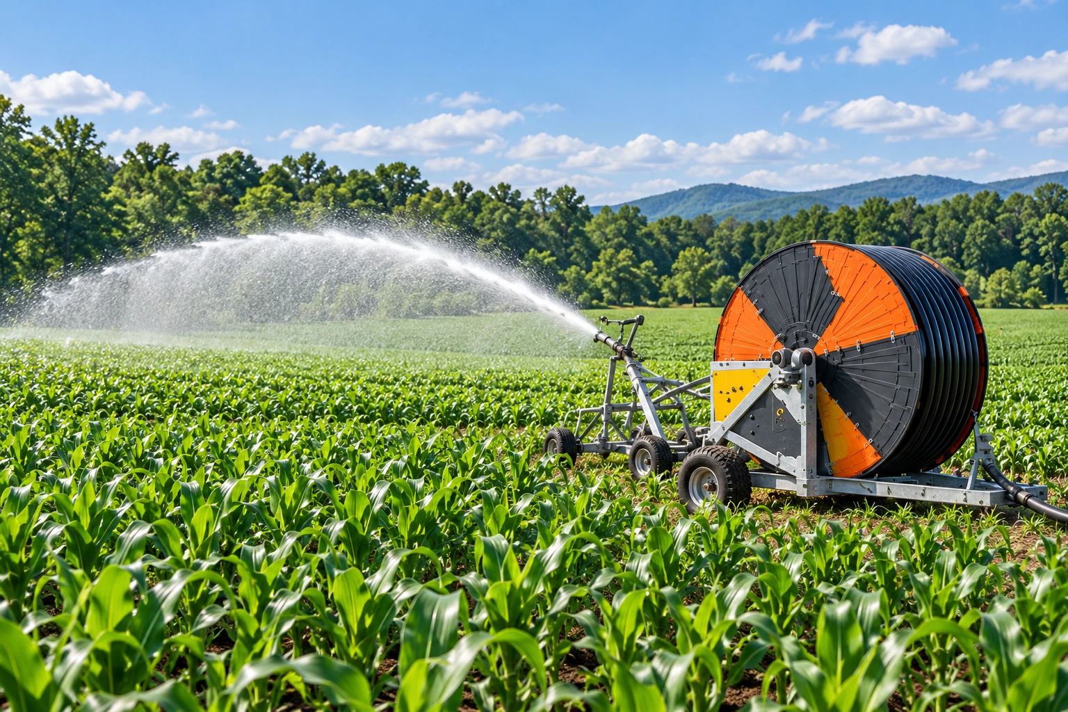Hose reel irrigator operating in crop fields