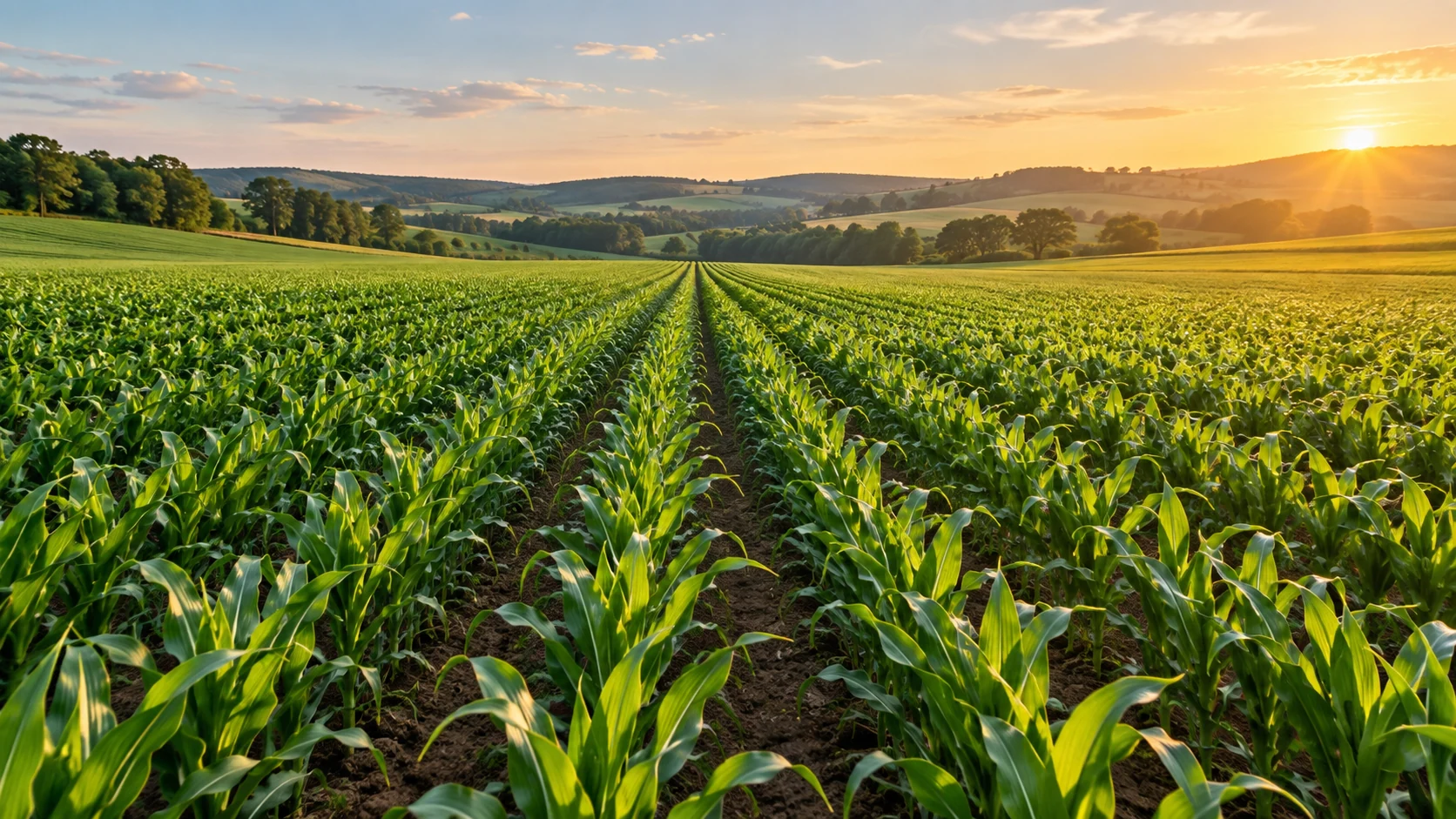 Green field crop rows in morning sunlight