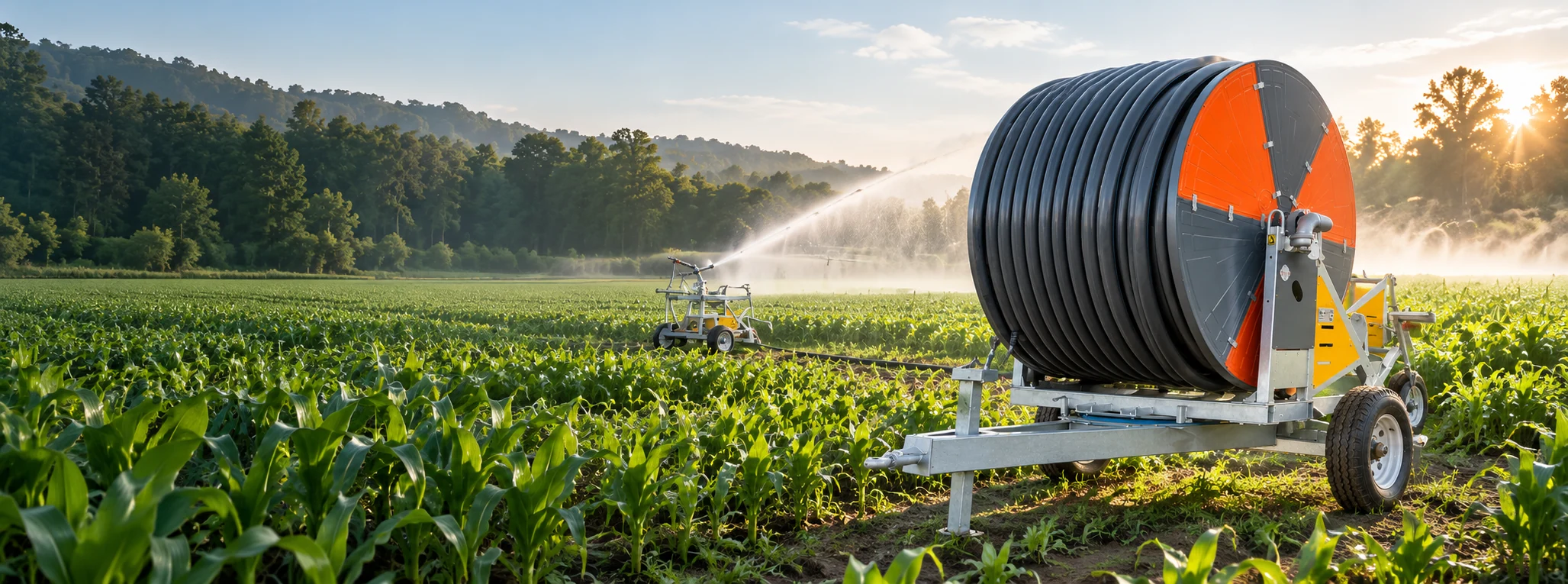 Hose reel irrigator beside green crop rows in morning light