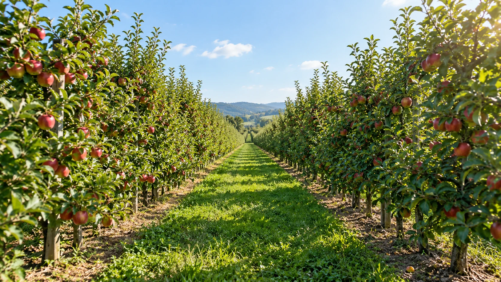 Apple orchard with a grass aisle