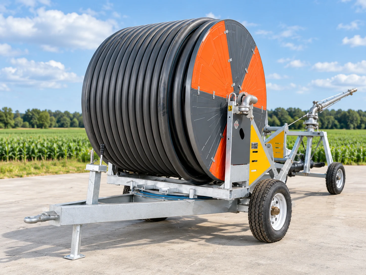 JP series hose reel irrigator with orange reel and galvanized chassis