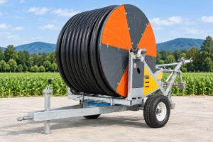 JP series hose reel irrigator on a farmyard with crops behind