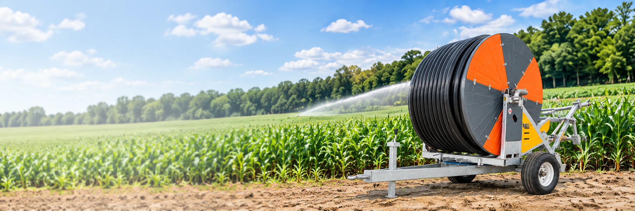 JP series hose reel irrigator at the edge of a corn field