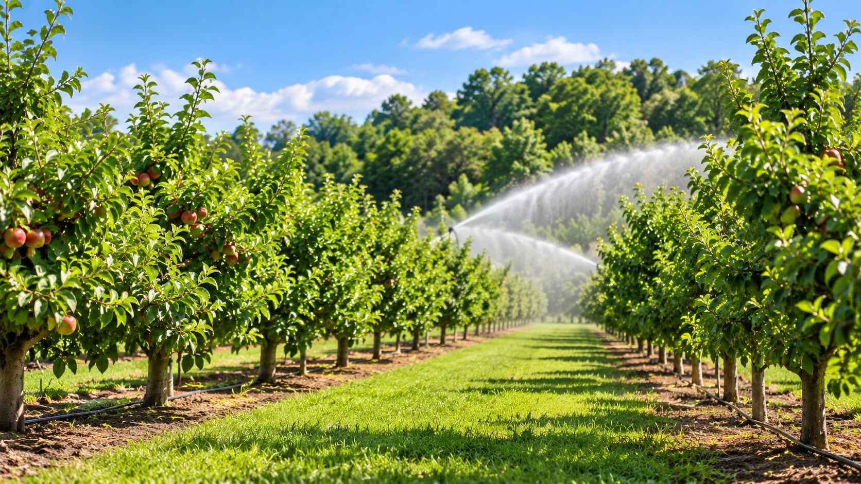 Fruit orchard rows with irrigation spray