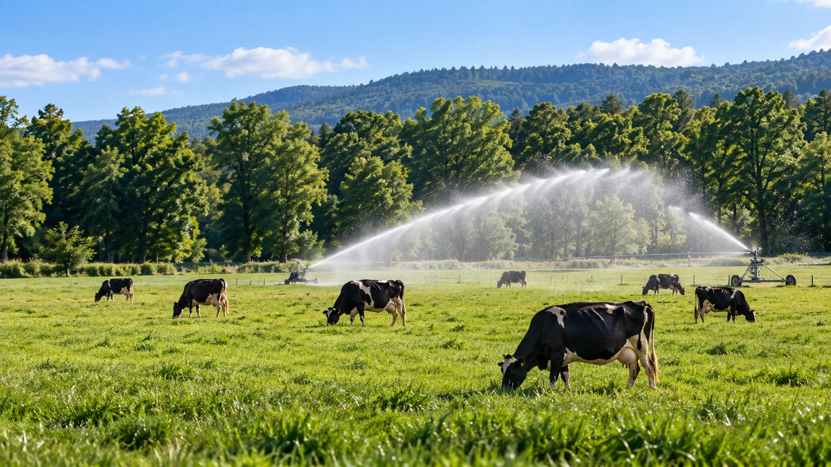 Irrigated green pasture with grazing cattle