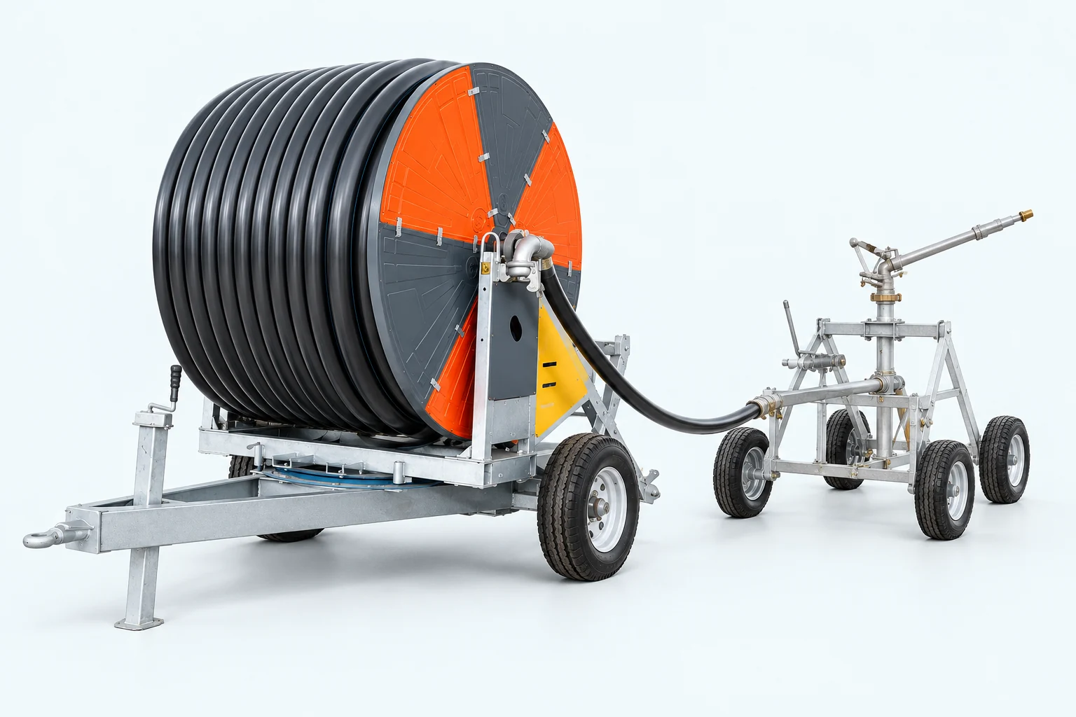 Hose reel irrigator and separate sprinkler cart