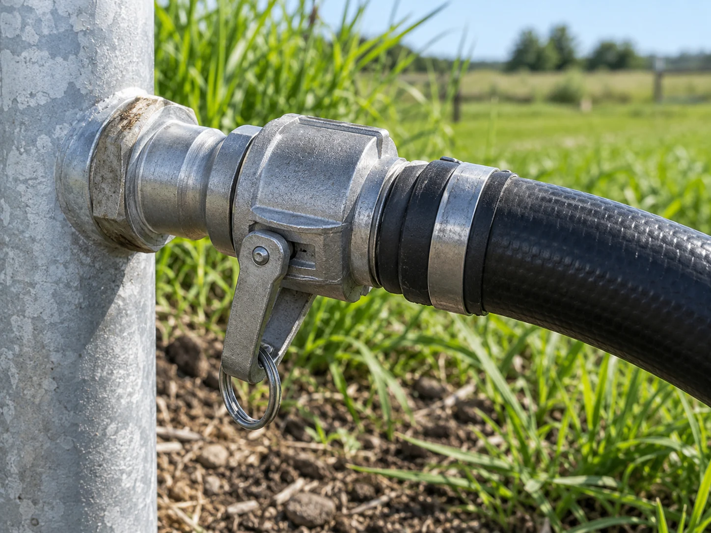 Irrigation hose connected to a galvanized water inlet